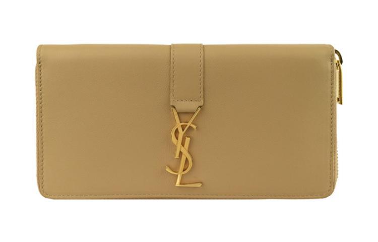 Saint Laurent Saint Laurent Leather Zip Closure Wallet Large Size Women's Beige