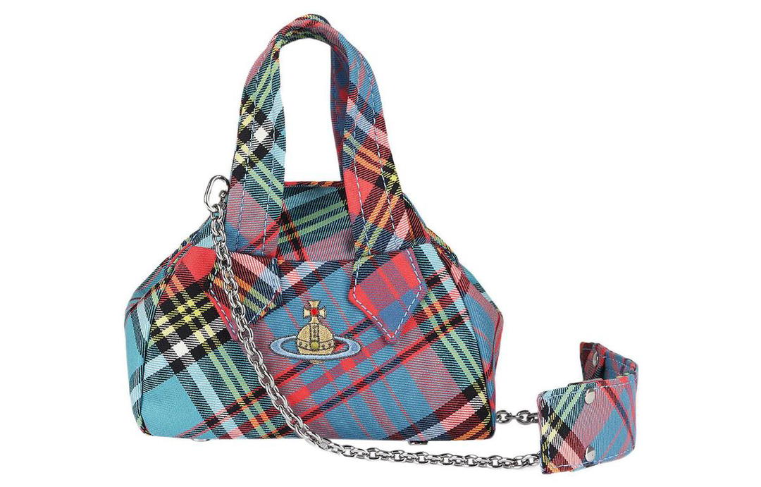 Vivienne Westwood Vivienne Westwood Embroidered Plaid Bowling Bag Shoulder Bag Crossbody Bag Handbag Mini Women's Blue/Pink