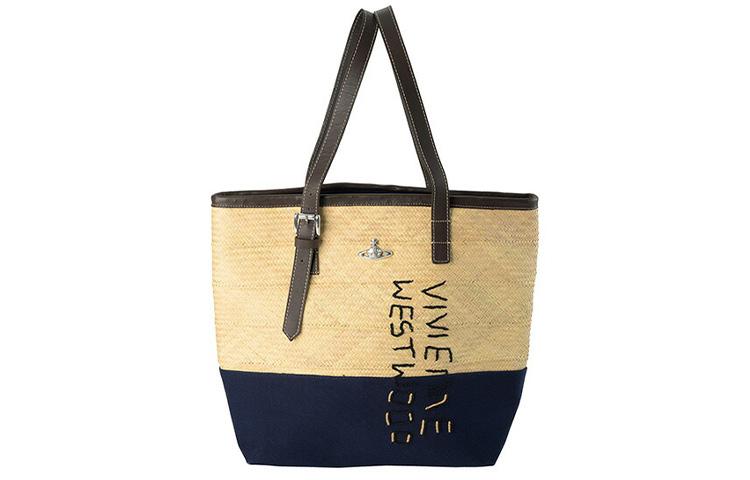 Vivienne Westwood Vivienne Westwood Palm Canvas With Leather Tote Bag, Shopping Bag, Shoulder Bag, Handbag Women's Beige & Marine Blue