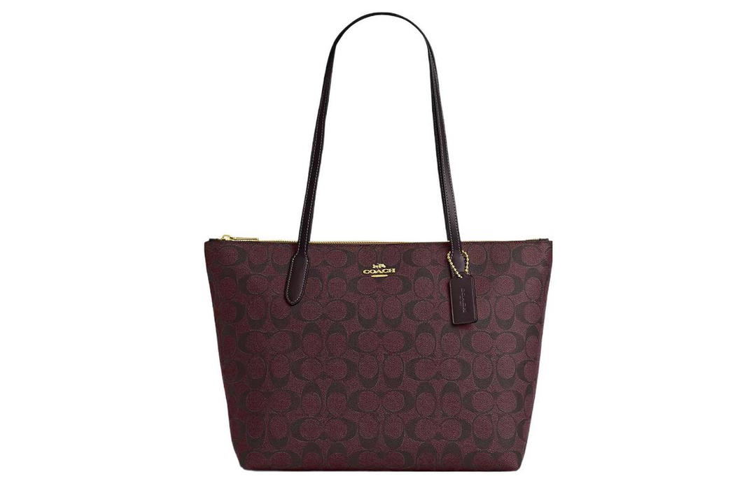 Coach Coach Zip Top Tote Canvas With Leather Tote Bag Handbag Shoulder Bag Shopping Bag Large Size Women's Gold & Deep Red
