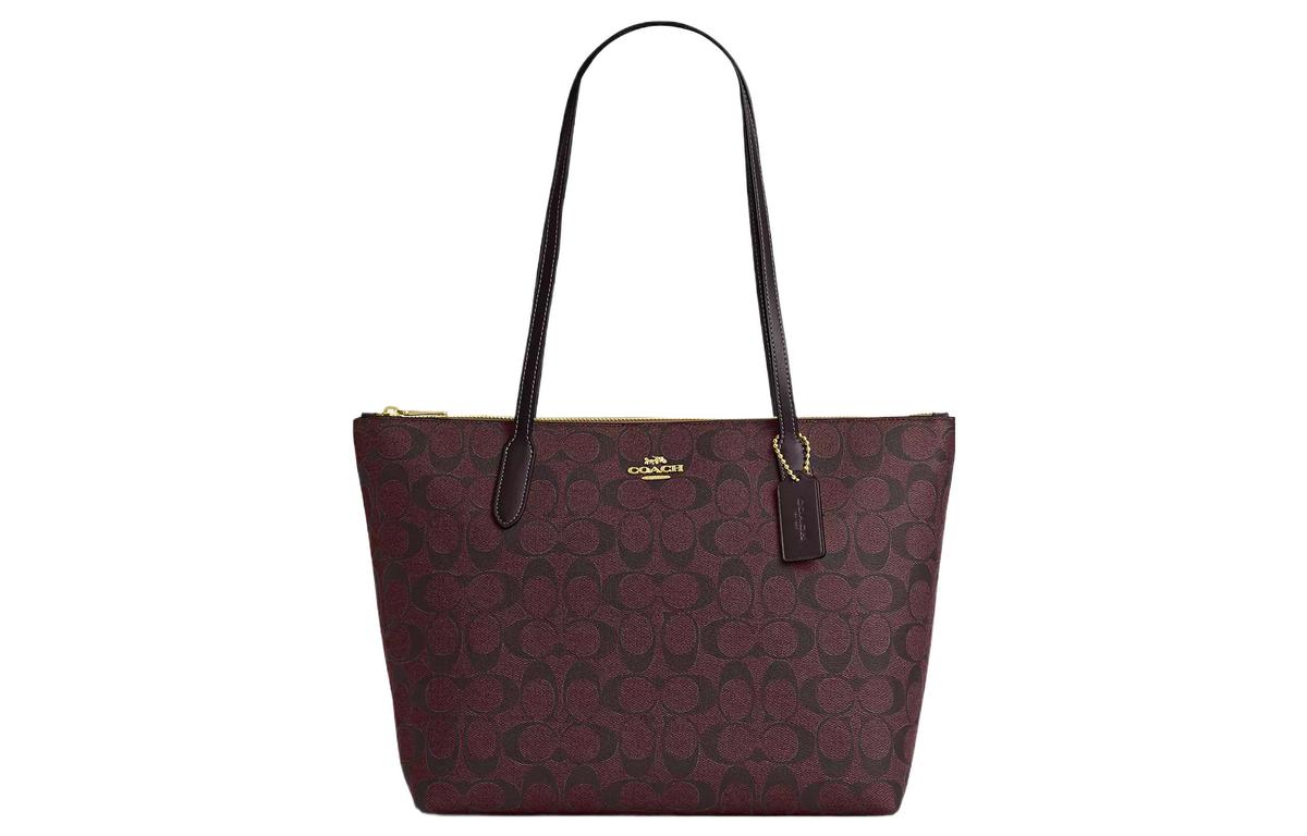 Coach Coach Zip Top Tote Canvas With Leather Tote Bag Handbag Shoulder Bag Shopping Bag Large Size Women's Gold & Deep Red