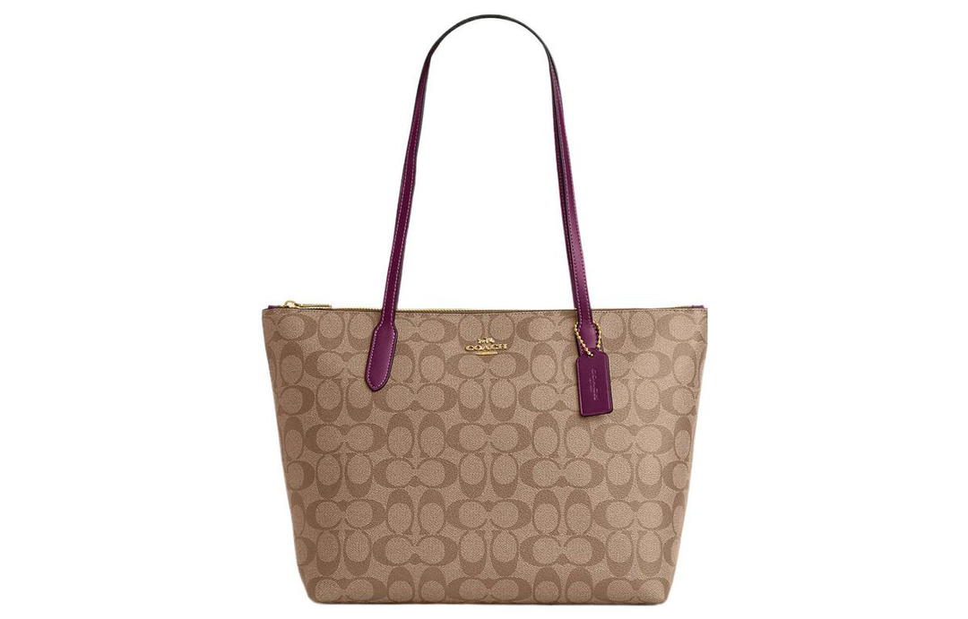 Coach Coach Zip Top Tote Canvas With Leather Tote Bag, Shopping Bag, Handbag, Shoulder Bag Large Size Women's Khaki