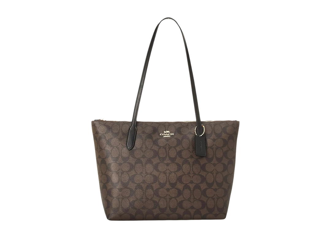 Coach Coach Zip Top Tote Bag In Signature Canvas Leather Brown Black