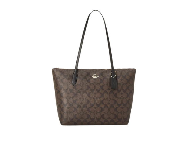 Coach Coach Zip Top Tote Bag In Signature Canvas Leather Brown Black - view 1