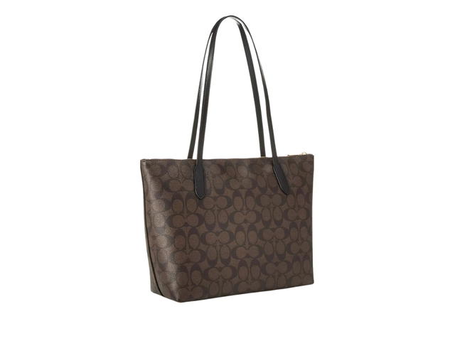 Coach Coach Zip Top Tote Bag In Signature Canvas Leather Brown Black - view 2