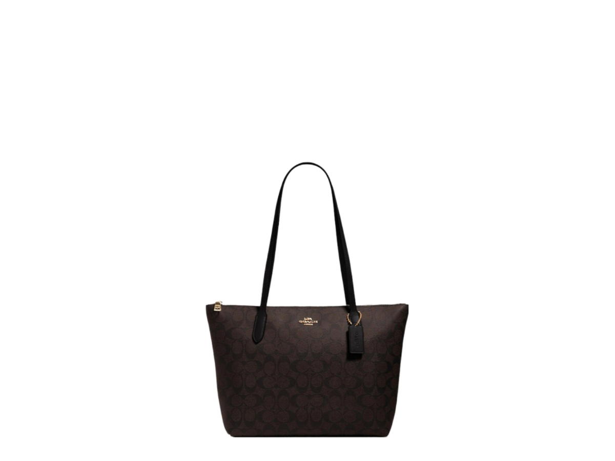 Coach Coach Zip Top Tote Canvas With Leather Tote Bag Dark Brown