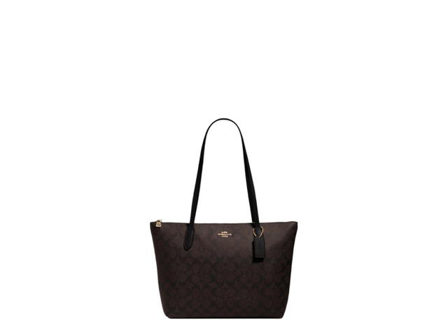 Coach Coach Zip Top Tote Canvas With Leather Tote Bag Dark Brown - view 1