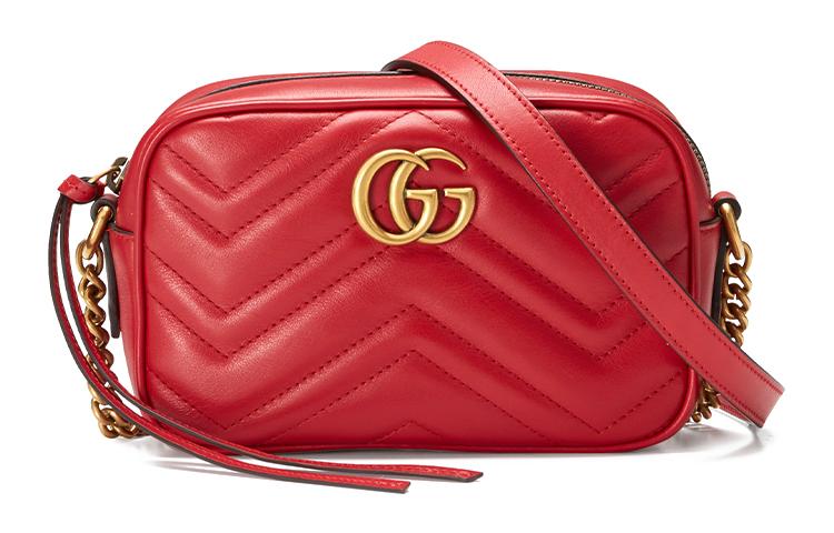 Gucci Gucci GG Marmont Herringbone Leather Shoulder Bag Crossbody Bag Mini Women's Red