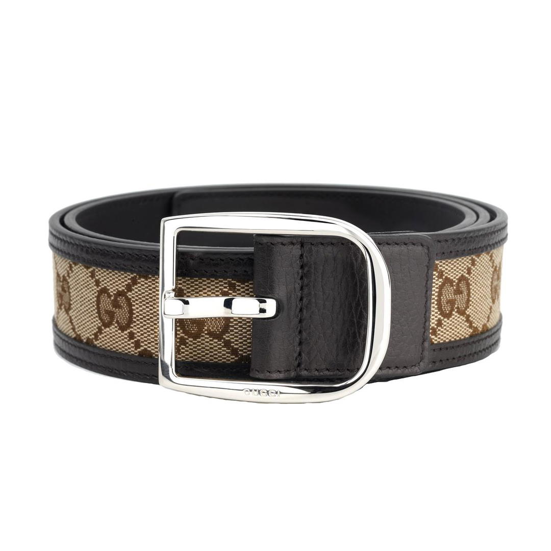 Gucci Gucci Double G Brown Canvas Horse Shoe Mouth Pin Buckle Leather Belts Men's Brown Width 4cm