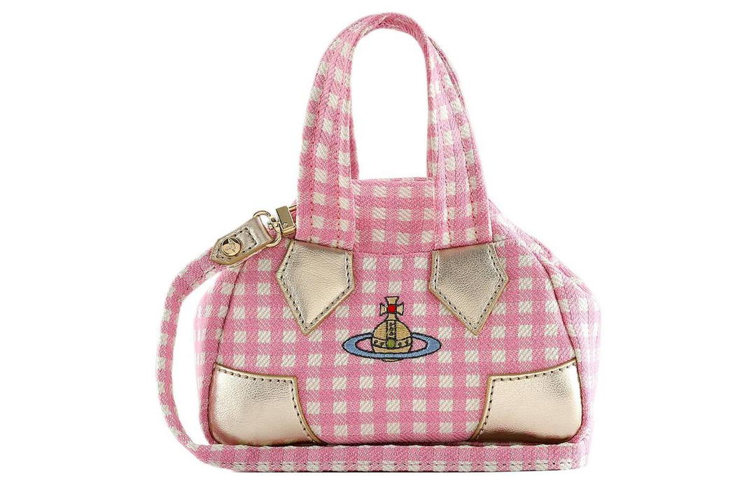 Vivienne Westwood Vivienne Westwood Embroidered Plaid Shoulder Bag Crossbody Bag Handbag Small Size Women's Pink/White