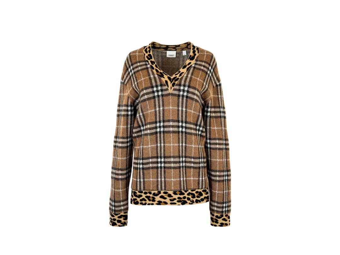 Burberry Burberry Cashmere Mohair Check Leopard Print V Neck Sweater Tan