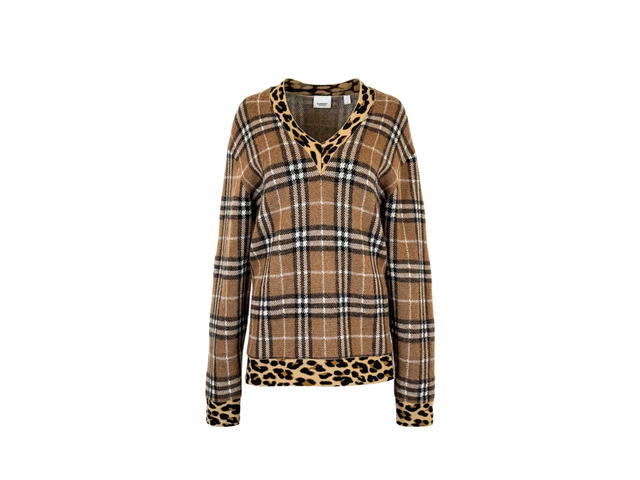 Burberry Burberry Cashmere Mohair Check Leopard Print V Neck Sweater Tan - view 1