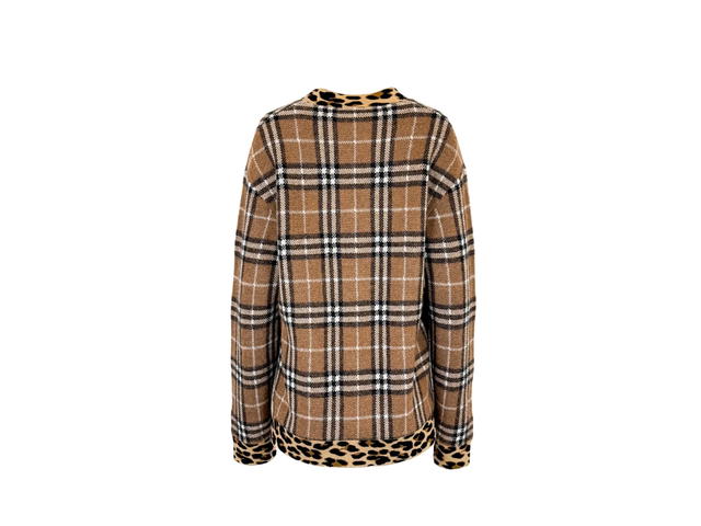 Burberry Burberry Cashmere Mohair Check Leopard Print V Neck Sweater Tan - view 2