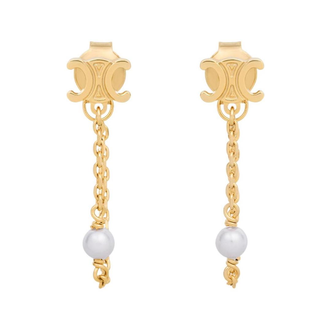 Celine Celine Les Perles Celine Chain Earrings In Brass With Gold Finish And Resin Pearls