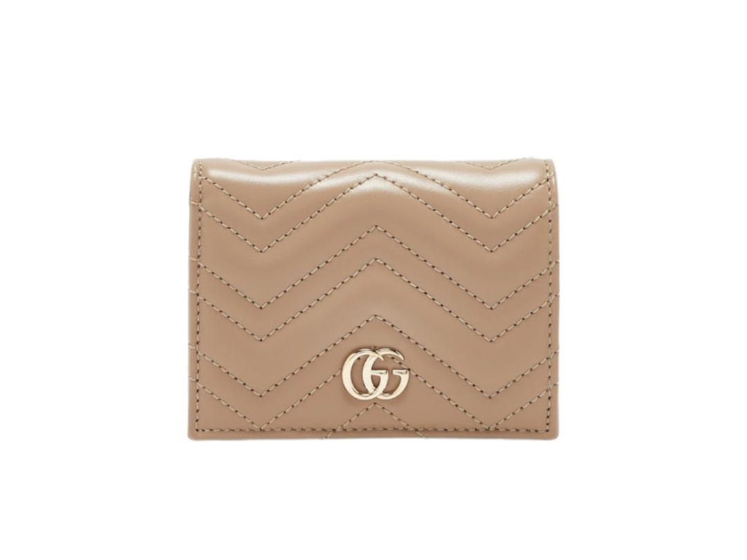Gucci Gucci GG Marmont Matelassé Card Case Wallet In Beige Taupe Leather With Gold Hardware