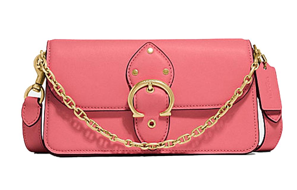 Coach Coach Beat Leather Mouth Cover Bag Crossbody Bag Small Size Women's Macaron Pink
