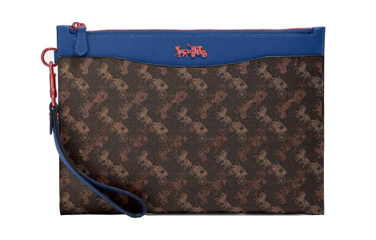Coach Coach Hitch Canvas With Leather Multicolor Clutch Large Size Men's Dark Brown & Blue