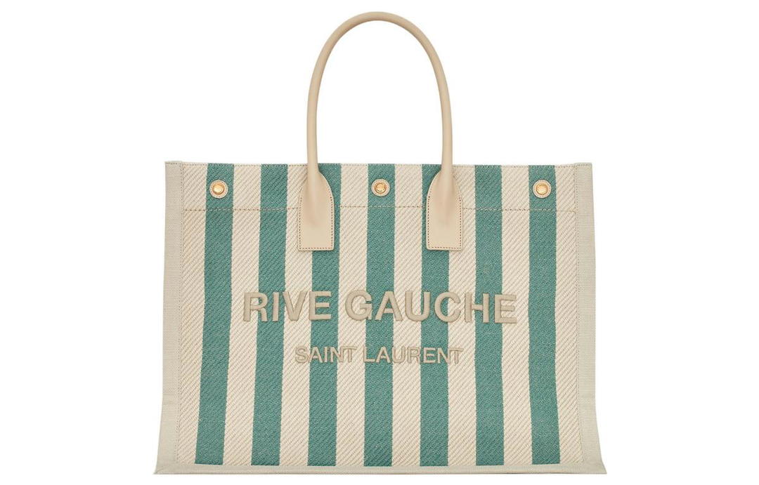 Saint Laurent Saint Laurent Rive Gauche Canvas With Leather Tote Bag Shopping Bag Handbag Women's Sea Salt Beige/Water Green