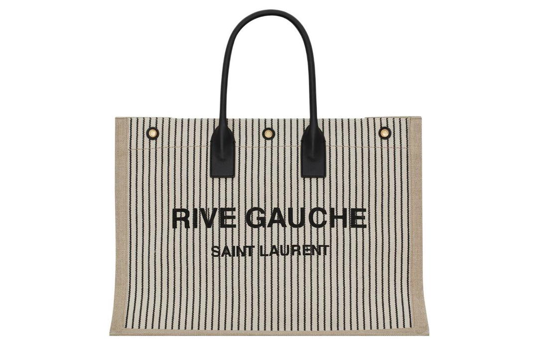 Saint Laurent Saint Laurent Rive Gauche Fabric With Cow Leather Tote Bag, Shopping Bag, Handbag Unisex Cream Gray/Black