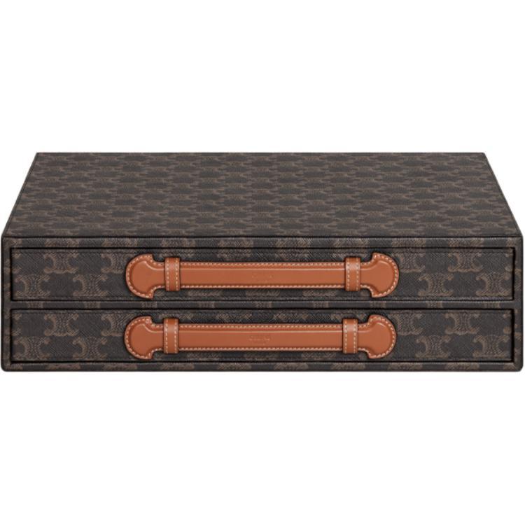 Celine Celine Triomphe Canvas With Leather Trim Pencil Case, Jewelry Box, Storage Box, Storage Bag Women's Tan