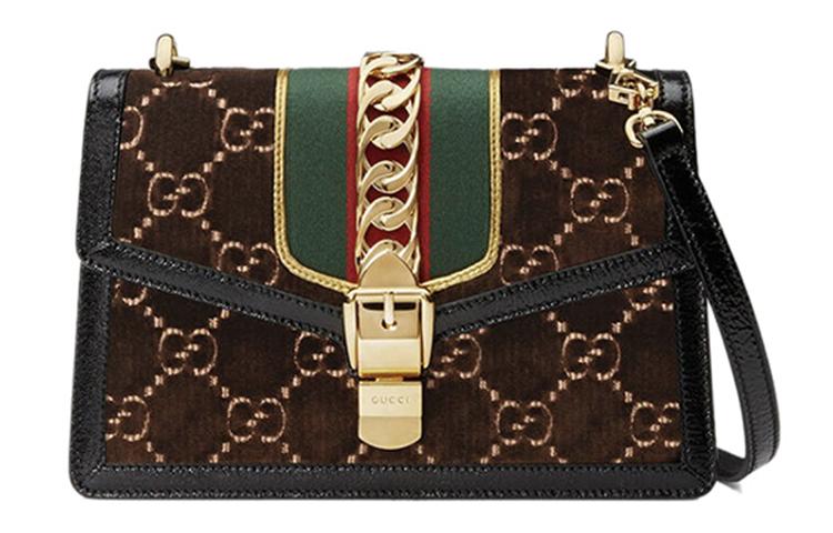Gucci Gucci Sylvie Velvet With Leather Shoulder Bag Handbag Crossbody Bag Small Size Women's Brown