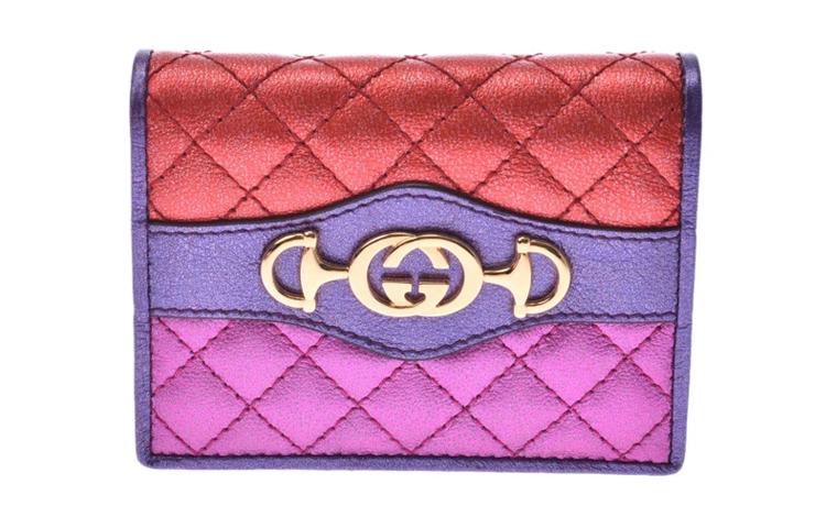 Gucci Gucci Zumi Multicolor Diamond Pattern Leather Double-Fold Flap Card Holder Wallet Regular Women's Red/Pink/Purple