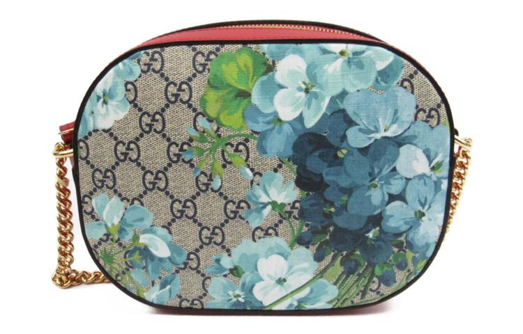 Gucci Gucci GG Blooms Canvas With Leather Camera Bag Shoulder Bag Crossbody Bag Mini Women's Beige & Blue With Red Accents