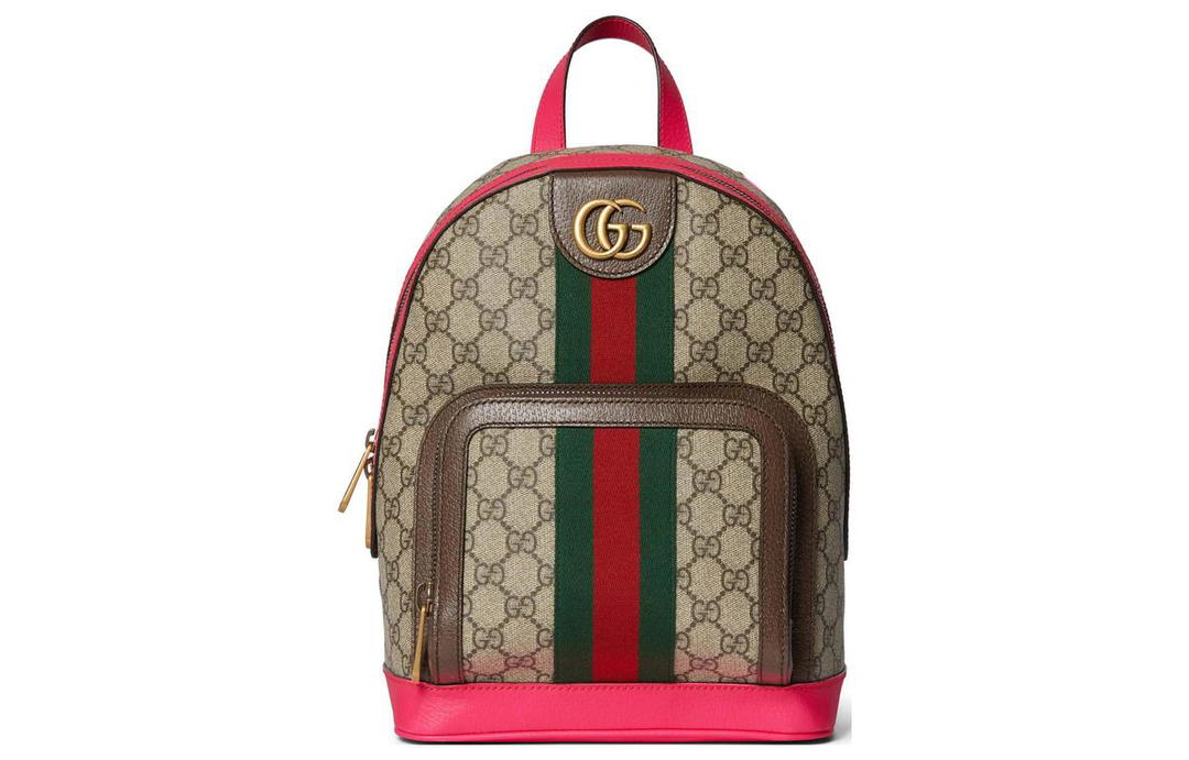 Gucci Gucci Ophidia Canvas With Leather Binding Backpack Small Size Women's Beige & Ebony With Pink Accents