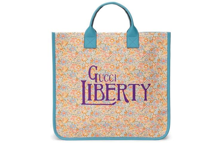 Gucci Gucci Liberty Collaboration Fabric With Leather Tote Bag Shopping Bag Handbag Kids' Light Pink/Light Blue