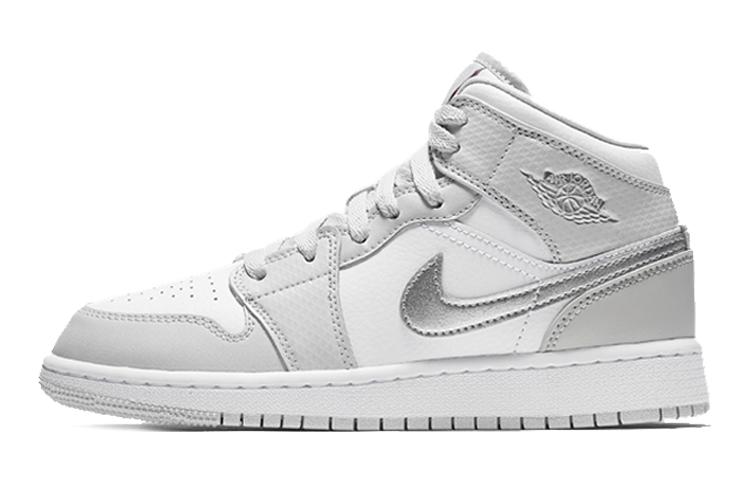 Jordan Jordan Air Jordan 1 Mid High Top Children's Basketball Shoes White Silver Teenagers