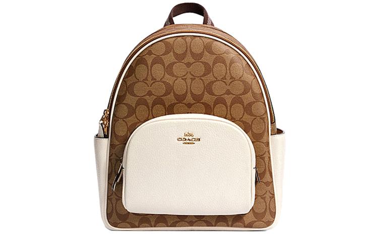Coach Coach Court Canvas With Leather Backpack Medium Size Women's White & Brown