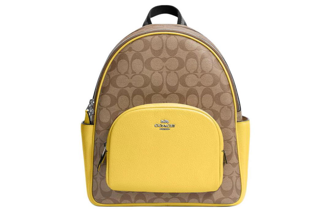 Coach Coach Court Canvas With Refined Pebbled Leather Accents Backpack Medium Size Women's Silver & Khaki & Vintage Yellow