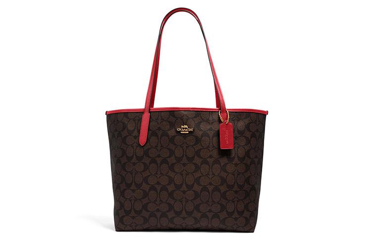 Coach Coach City Canvas With Leather Tote Bag Shopping Bag Handbag Shoulder Bag Large Size Women's Red/Coffee