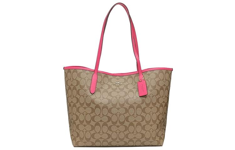 Coach Coach City Canvas With Leather Tote Bag, Shopping Bag, Handbag, Shoulder Bag Large Size Women's Dark Brown/Rose Red