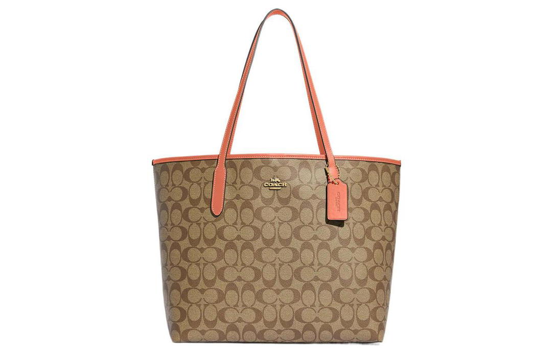 Coach Coach City PVC Tote Bag Shopping Bag Handbag Shoulder Bag Large Size Women's Khaki With Light Coral