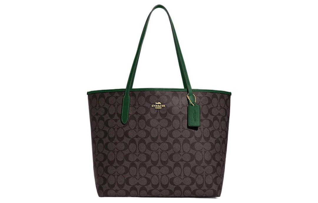 Coach Coach City Canvas With Leather Tote Bag Shopping Bag Shoulder Bag Handbag Large Size Women's Brown/Deep Pine Wood