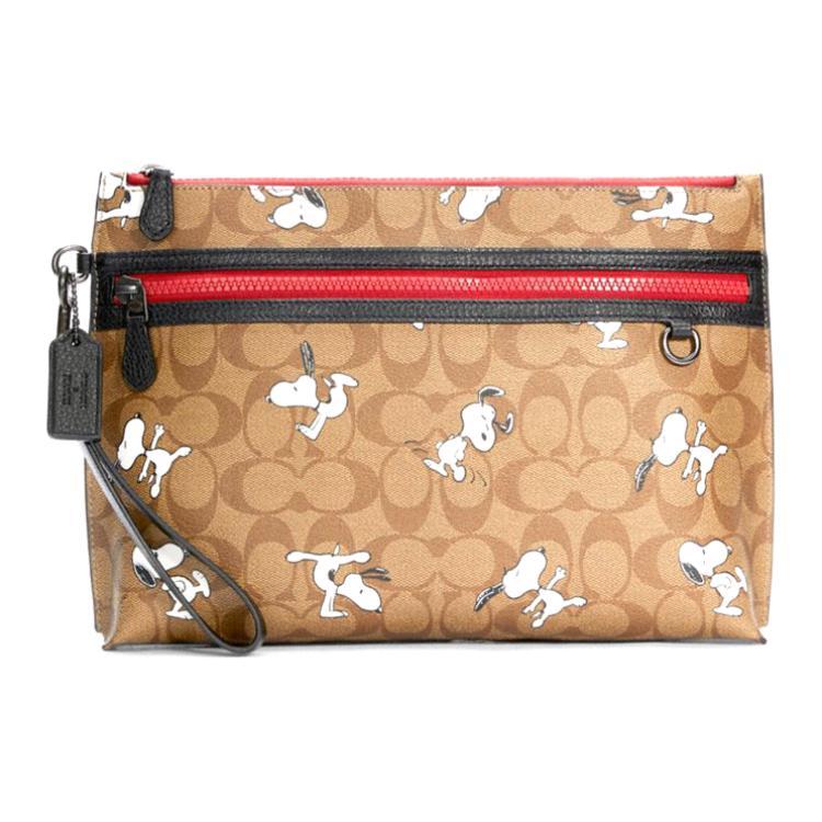 Coach Coach SNOOPY X Peanuts Collaboration Pouch Artificial Leather Clutch Large Size Men's Khaki Monogram