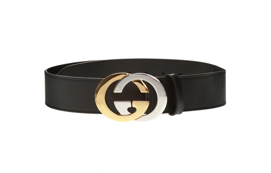 Gucci Gucci Gold And Silver Double G Interlocking Buckle Casual Belt Leather Belts Men's Black Width 4cm