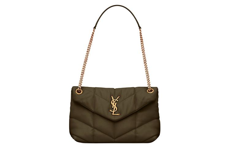 Saint Laurent Saint Laurent PUFFERLOULOU Quilting Lambskin Chain Shoulder Bag Crossbody Bag Small Size Women's Silver Lotus Green