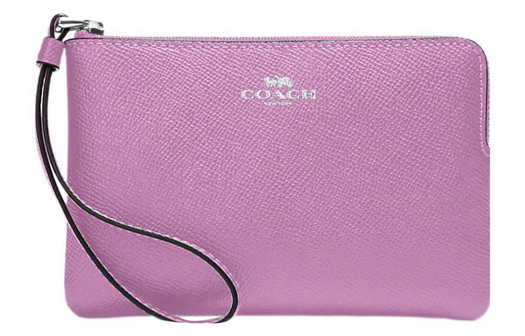 Coach Coach Corner Zip Cross Grain Leather Wrist Bag Clutch Small Size Women's Purple