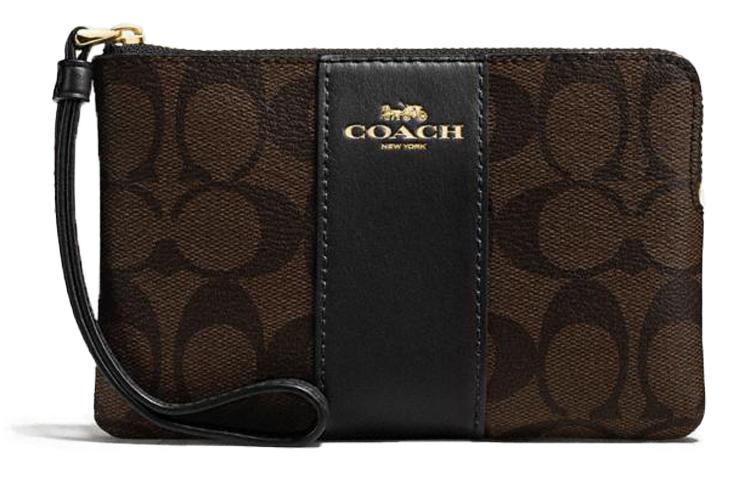 Coach Coach Corner Zip Canvas With Leather Handheld Wrist Bag Mahjong Bag Coin Purses Small Size Women's Dark Brown