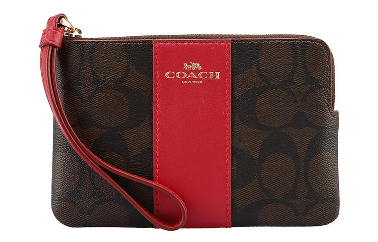 Coach Coach Canvas With Leather Clutch Coin Purse Wrist Bag Women's Brown & Red