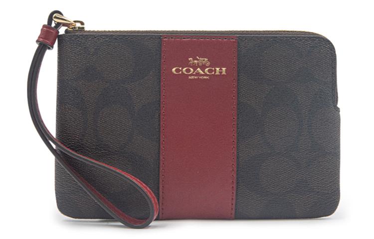 Coach Coach Corner Zip Canvas With Leather Wrist Bag Clutch Coin Purse Women's Dark Brown & Red