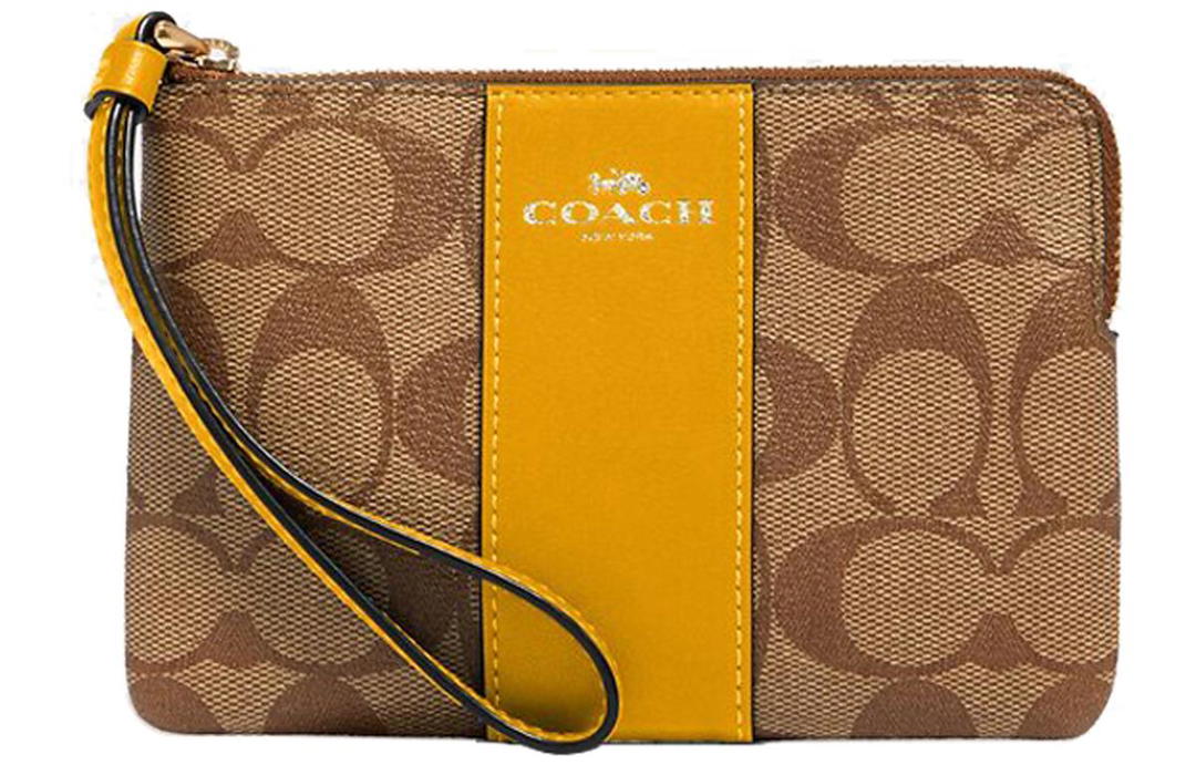 Coach Coach Corner Zip Signature Coated Canvas With Twill Leather Detail Wrist Bags Clutches Small Size Women's Khaki & Ochre