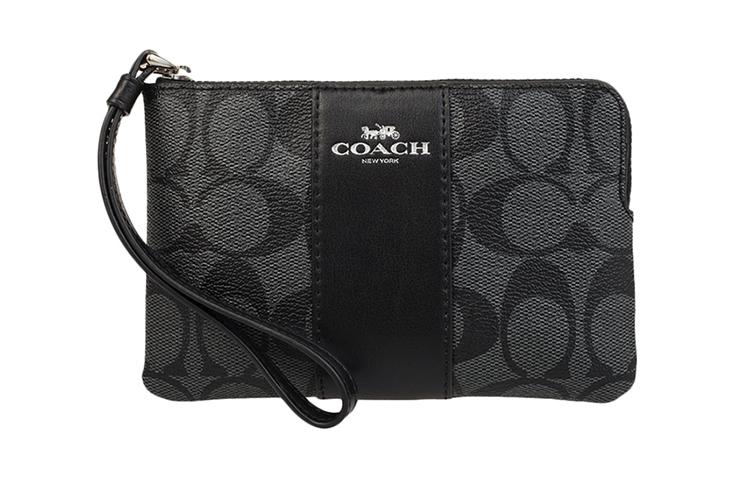 Coach Coach Corner Zip Cow Leather Clutch Small Size Women's Gray Black