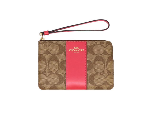 Coach Coach Corner Zip Wristlet In Signature Canvas Khaki And Bold Pink - view 1