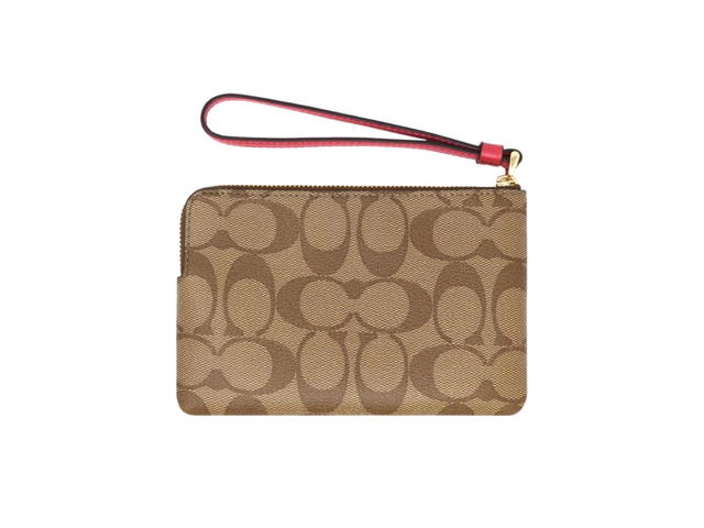 Coach Coach Corner Zip Wristlet In Signature Canvas Khaki And Bold Pink - view 2