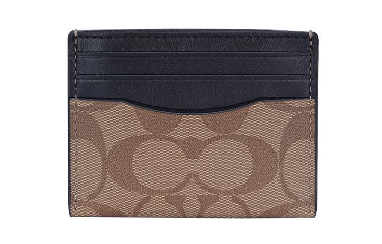 Coach Coach Card Case Coated Canvas With Leather Card Holder Wallet Men's Black & Tan Khaki Monogram