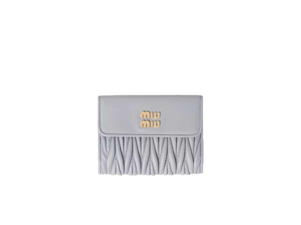 Miu Miu Miu Miu Small Matelasse Nappa Leather Wallet In Hardware Gold With Pearl Gray