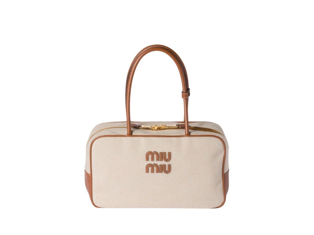 Miu Miu Miu Miu Beau Canvas And Leather Large Bag Beige Brandy